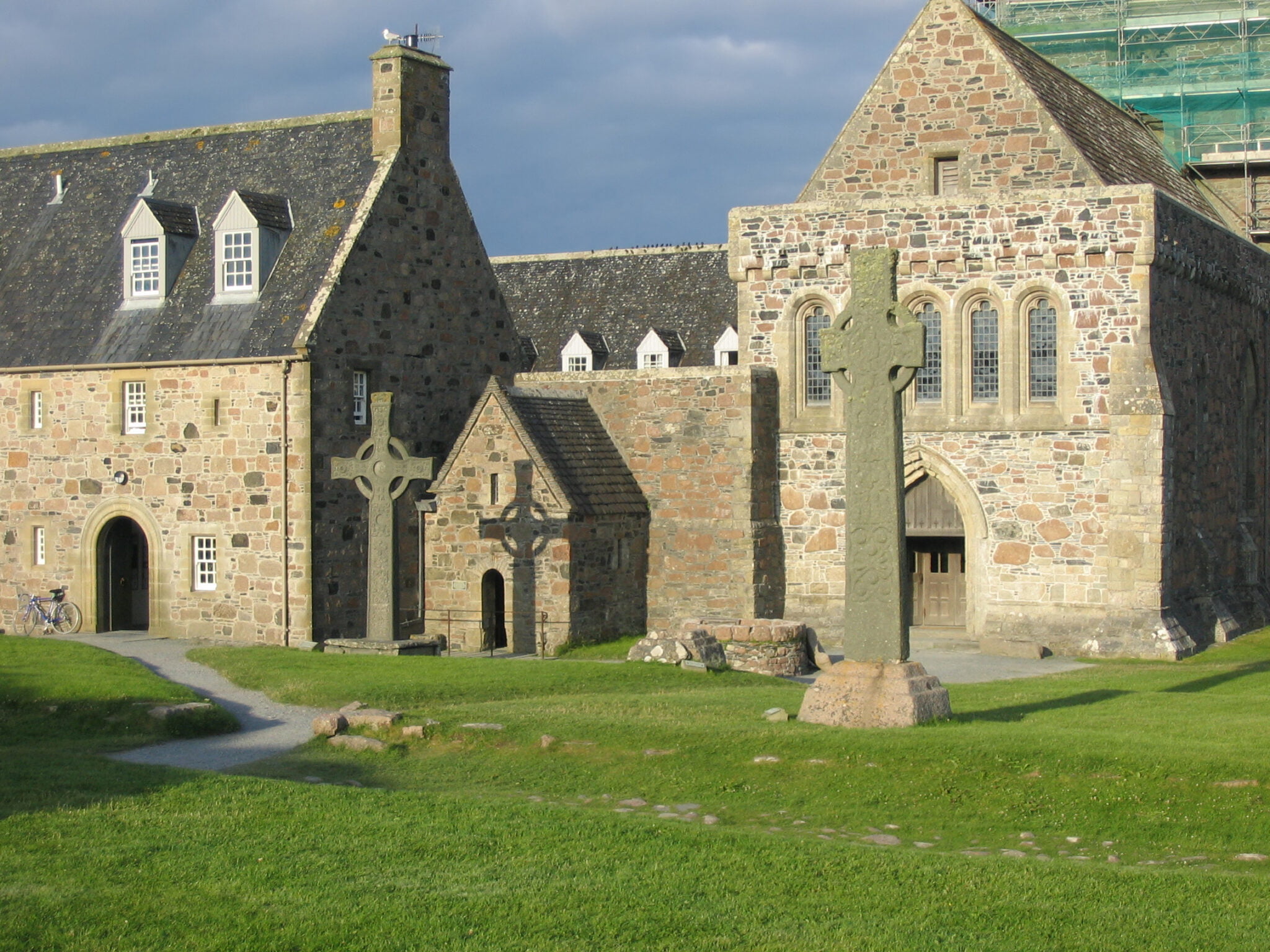 Stone Celtic crosses outside a monastery associated with St Columba