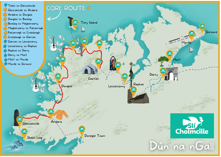 An illustrated map of Donegal showing the Sli Colmcille walking route.